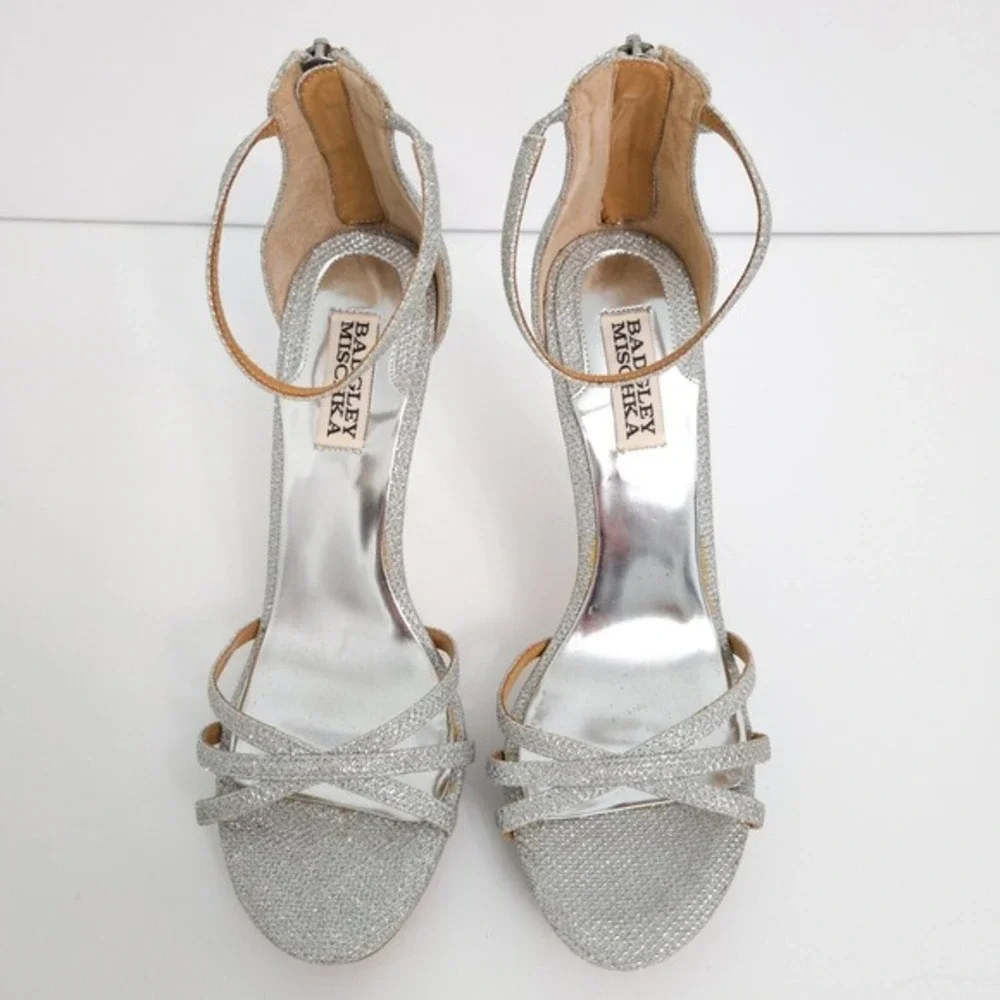 Badgley Mischka Silver Glitter Ankle Strap Open-Toe Strappy Formal Heels- Sz 7.5